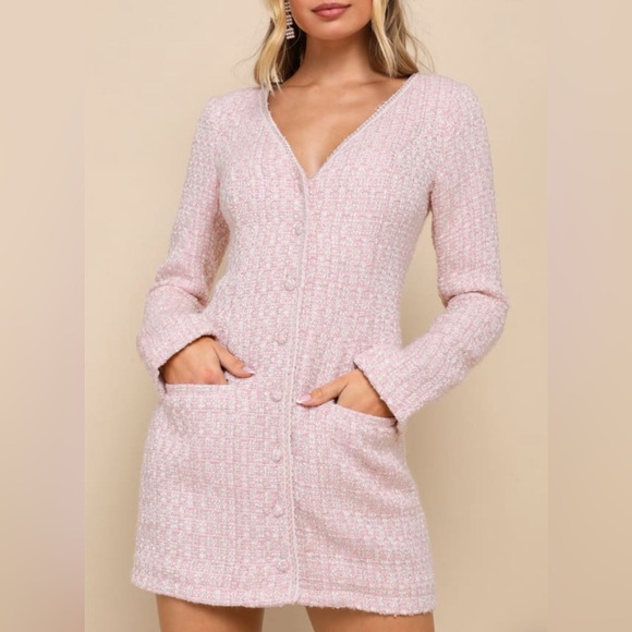 Beautifully Posh Pink Boucle Button-Front Long Sleeve Mini Dress - Picture 2 of 4